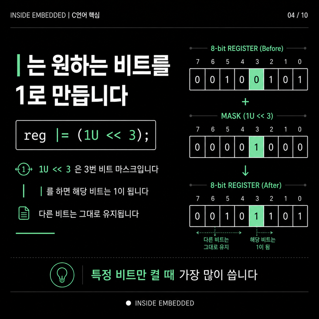 OR 연산은 원하는 비트를 1로 만들 때 가장 자주 쓰입니다.