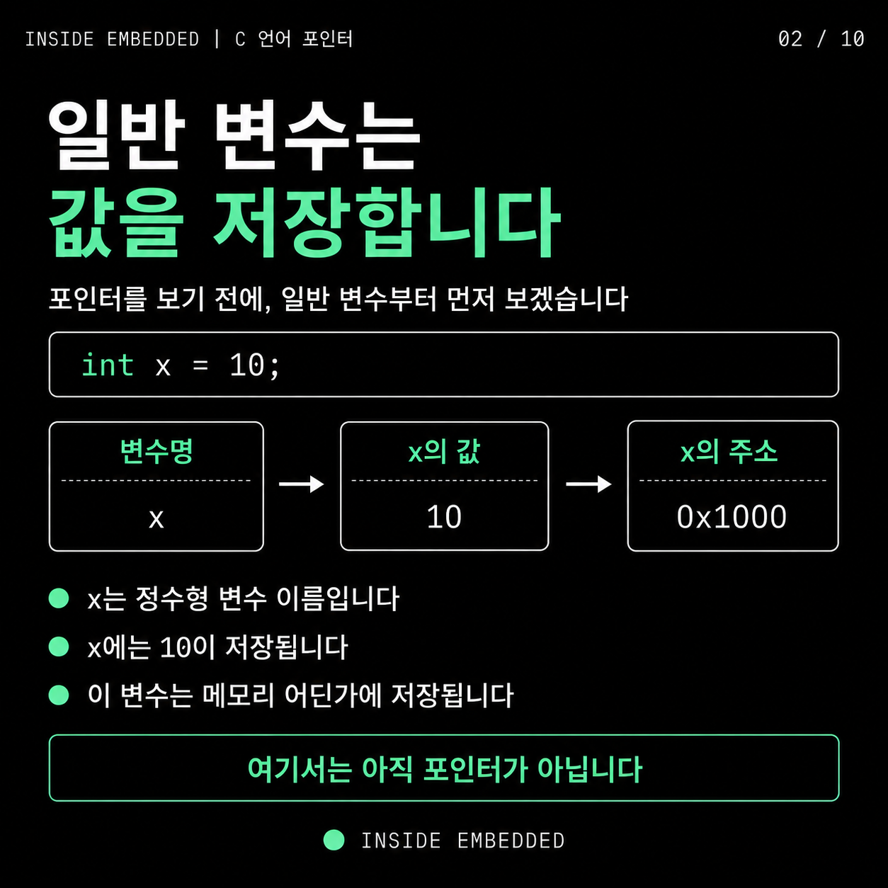 일반 변수는 값을 저장하고, 아직 포인터는 등장하지 않은 기본 구조입니다.
