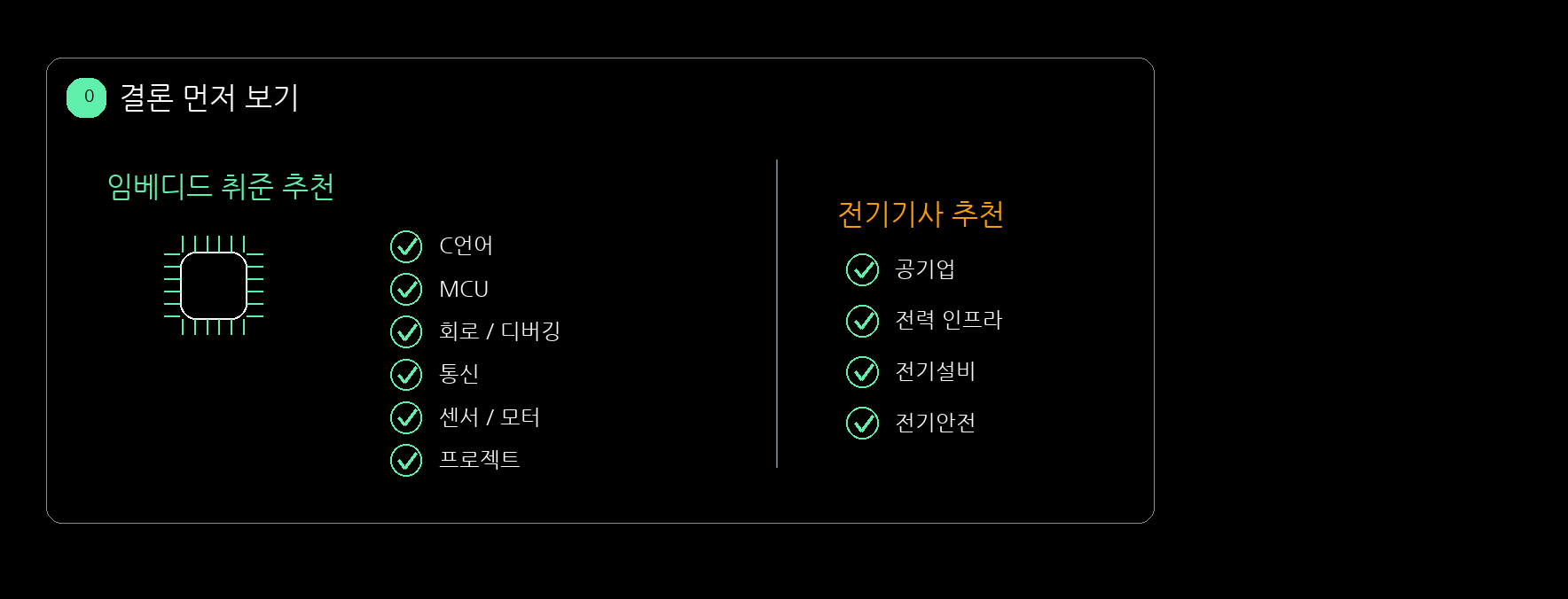임베디드 취준과 전기기사 추천 분야를 나눠 보여주는 비교 이미지