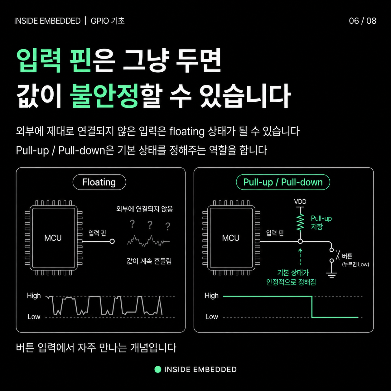 플로팅 입력을 피하려면 풀업과 풀다운으로 기본 상태를 정해야 합니다.