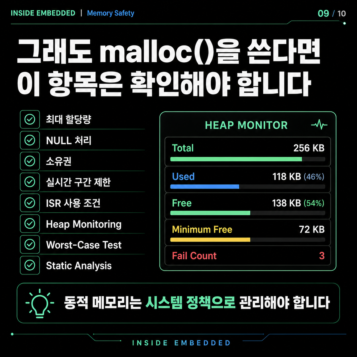 임베디드 malloc 사용 주의점: 실패·누수·단편화·실시간성 9/10 카드뉴스