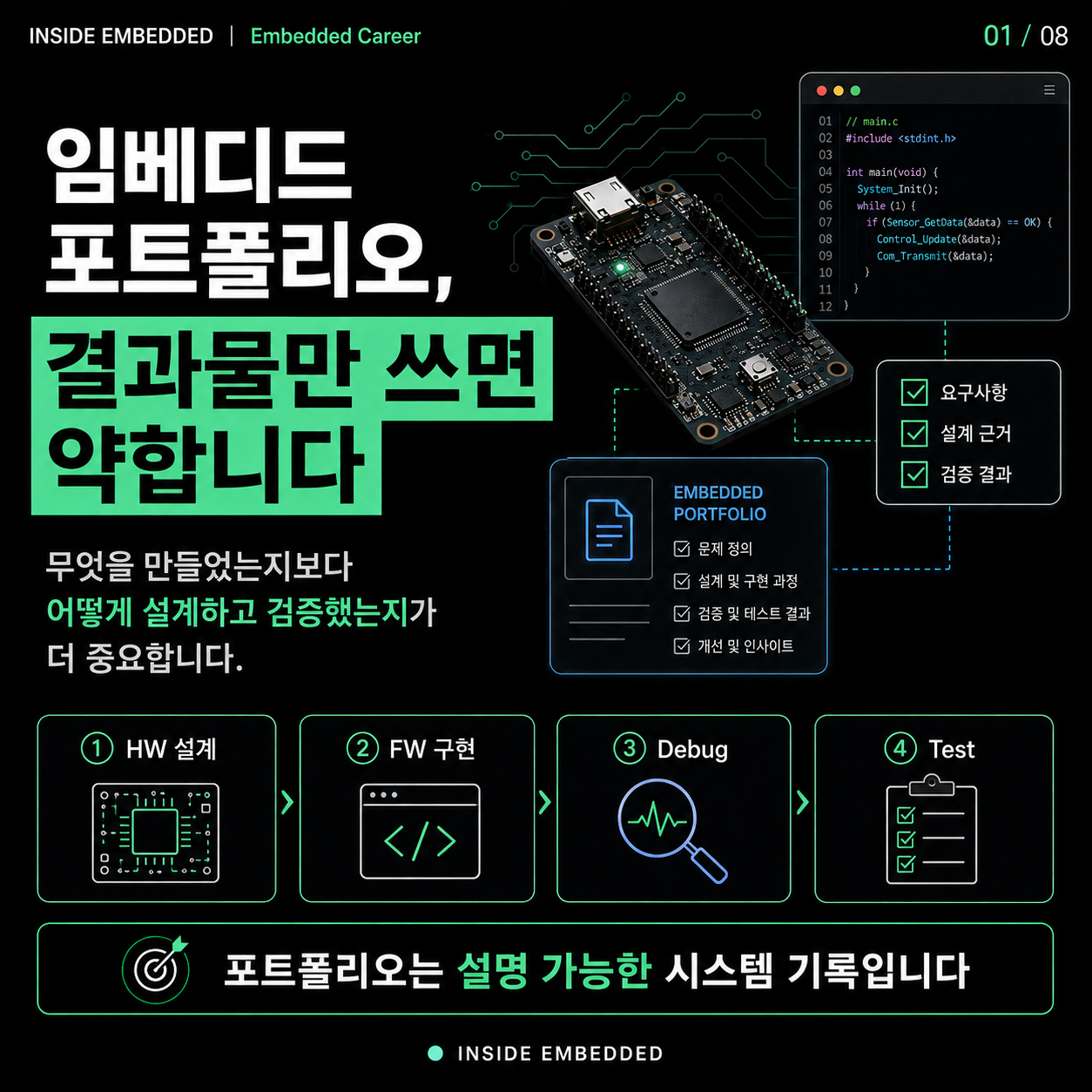 임베디드 포트폴리오 작성법: 결과보다 설계·검증 과정을 보여주는 법 첫 카드뉴스