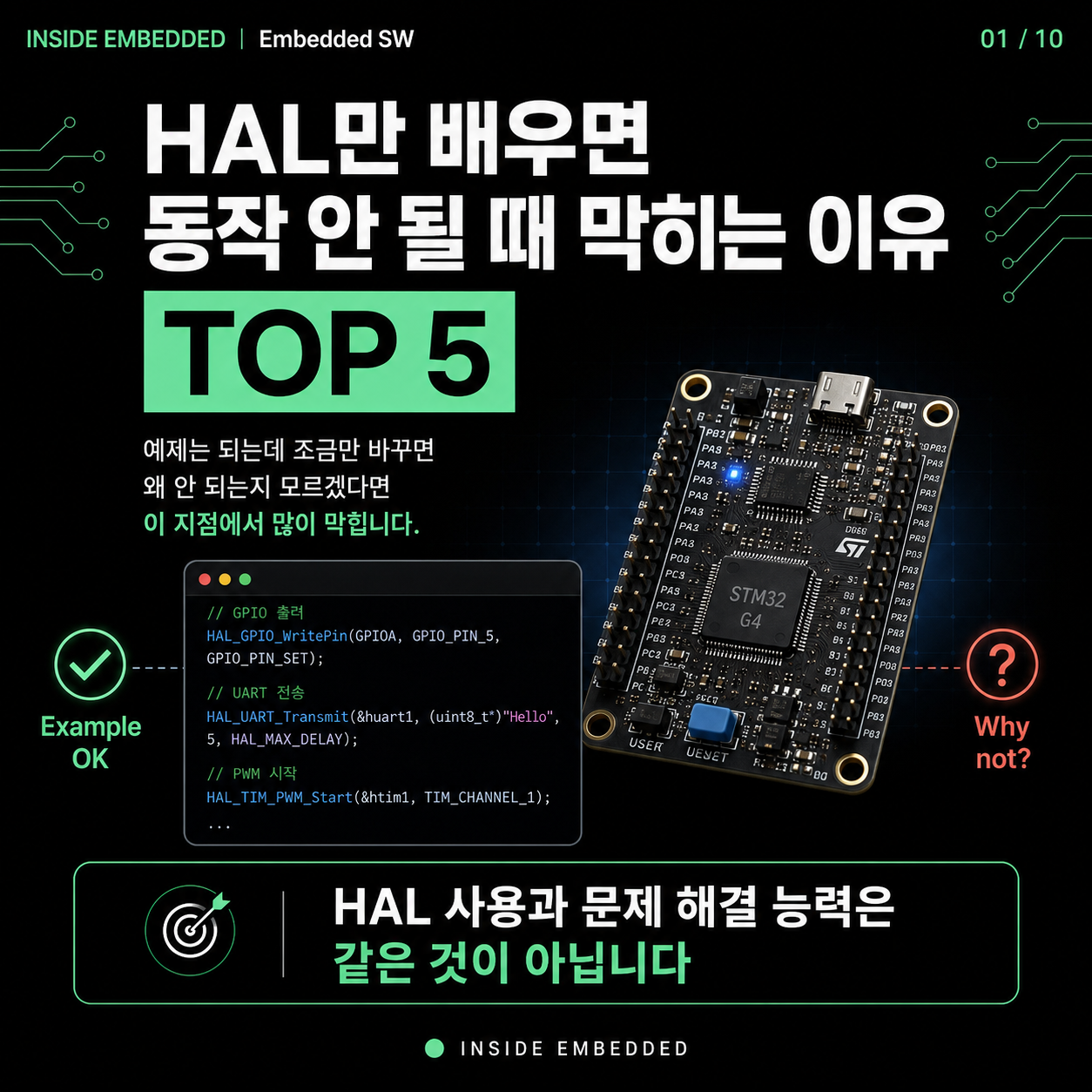 STM32 HAL만 배우면 막히는 이유: 레지스터·클럭·데이터시트 공부법 첫 카드뉴스